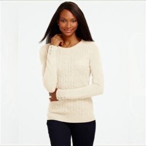 Talbots Womens Wool Cable Knit Crewneck Sweater Ivory Cozy Soft Classic Preppy